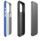 Three phone cases in blue, black, and gray on a white background