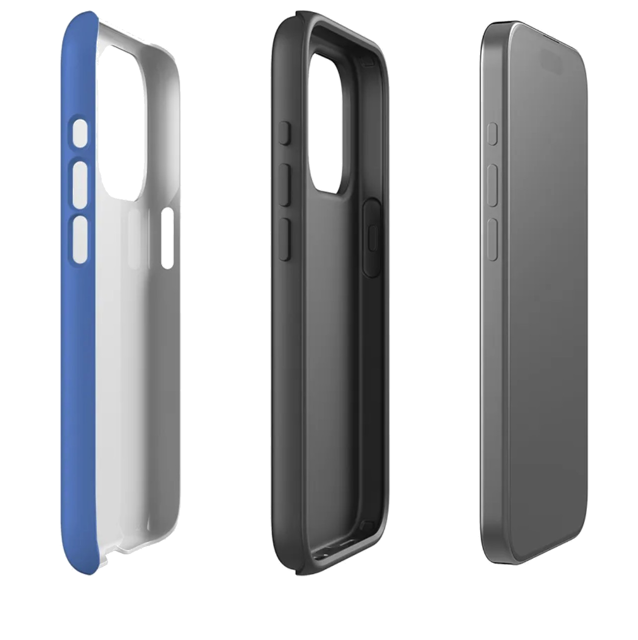 Three phone cases in blue, black, and gray on a white background