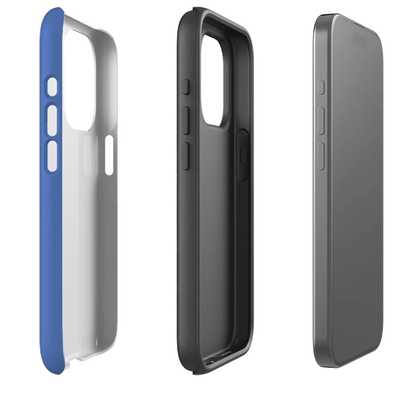 Three phone cases in blue, black, and gray on a white background